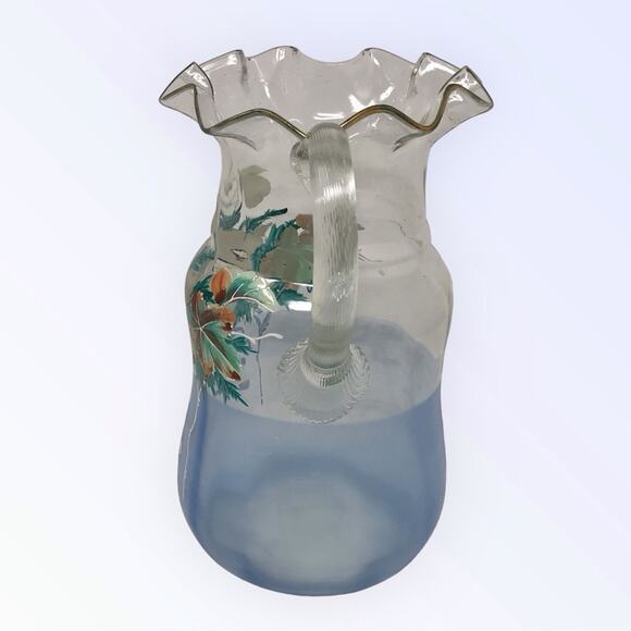 Victorian Enameled Hand Painted Pitcher Blue Art Glass Floral Design - Picture 7 of 12